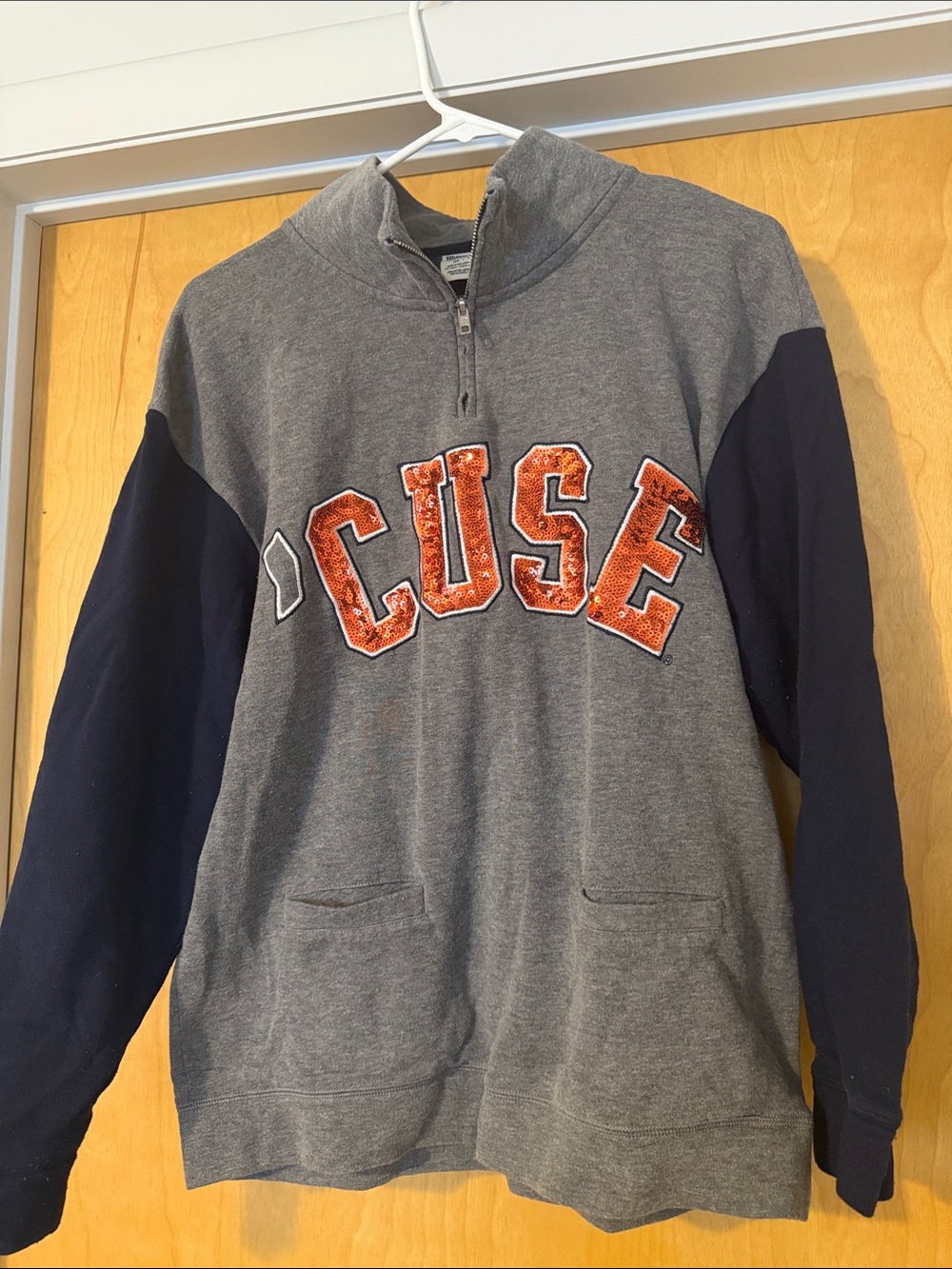 PINK Victoria's Secret Gray & Navy Quarter-Zip Pullover with Orange Appliqué